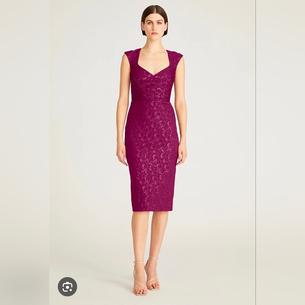 Theia Omnia Cap Sleeve Sheath Fuchsia Lace Dress Bodycon Midi Burgandy Sz 6